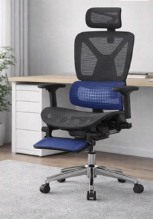 FlexiSpot C7DG ergonomic office chair with grey mesh backrest, blue lumbar support, adjustable headrest, and chrome base, placed in the same modern home office setting used previously, positioned in front of a light wood desk with soft natural lighting.