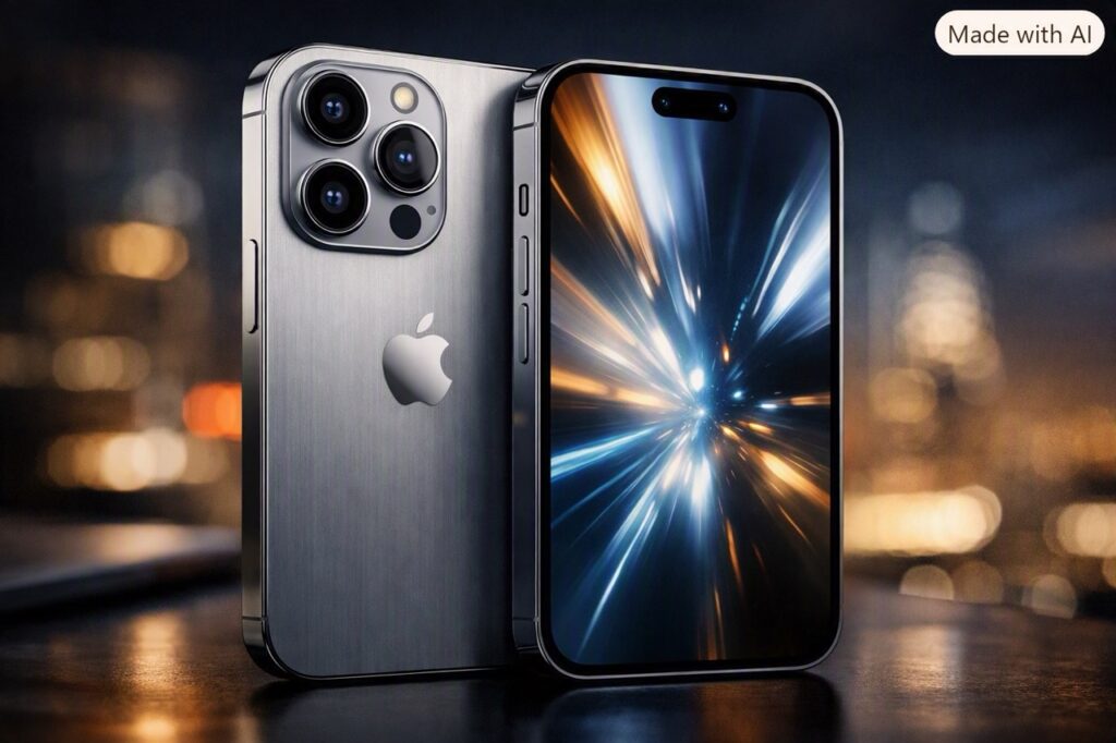 Front and back view of speculated iPhone 18 Pro showing sleek titanium design and triple‑camera system