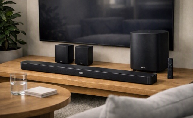 JBL Bar 500 MK2 soundbar with wireless subwoofer and remote placed on a modern wooden table beneath a wall-mounted TV in a bright living room.