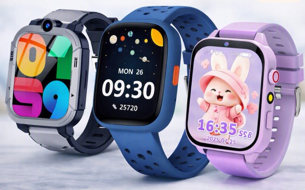 Three colourful kids smartwatches showing different designs and screens on a soft gradient background