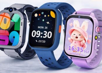 Three colourful kids smartwatches showing different designs and screens on a soft gradient background
