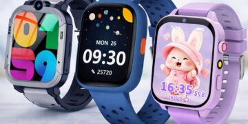 Three colourful kids smartwatches showing different designs and screens on a soft gradient background