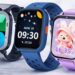 Three colourful kids smartwatches showing different designs and screens on a soft gradient background