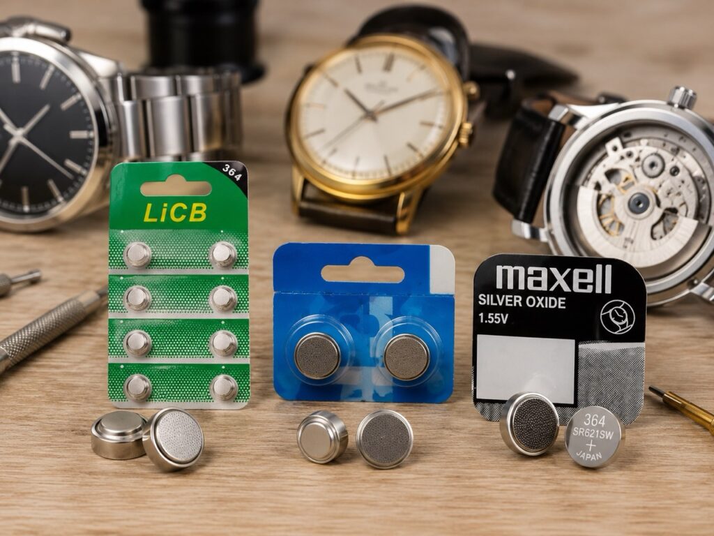 LiCB, Renata and Maxell SR621SW 364 silver oxide watch batteries arranged with watches on a wooden table.
