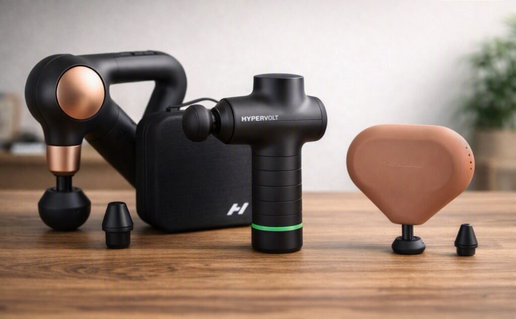 hree massage guns — Theragun Sense, Hypervolt Go 3, and Theragun Mini — arranged on a wooden surface with soft natural lighting