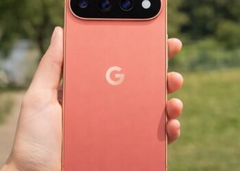 Coral Google Pixel 11 smartphone held outdoors showing rear camera bar and sleek design.