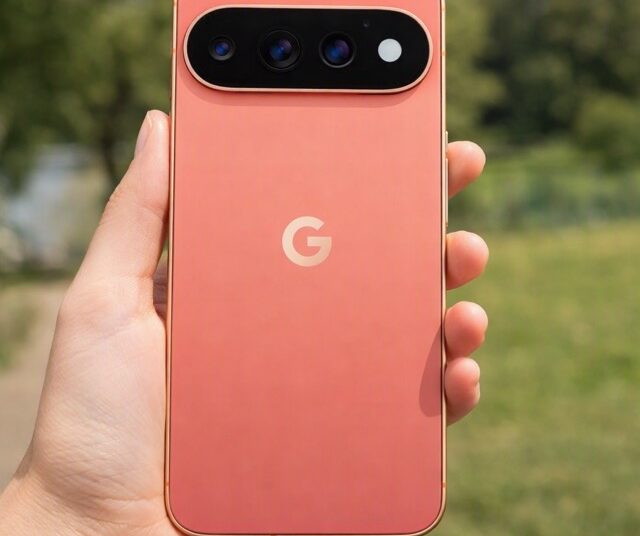 Coral Google Pixel 11 smartphone held outdoors showing rear camera bar and sleek design.