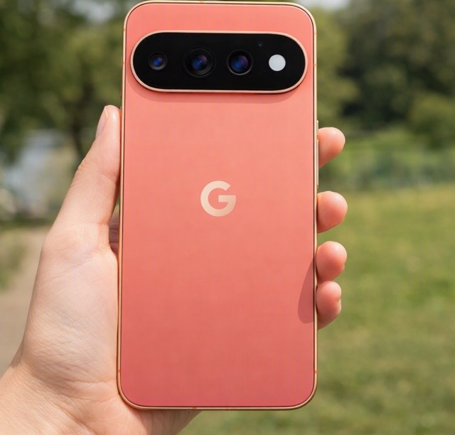 Coral Google Pixel 11 smartphone held outdoors showing rear camera bar and sleek design.