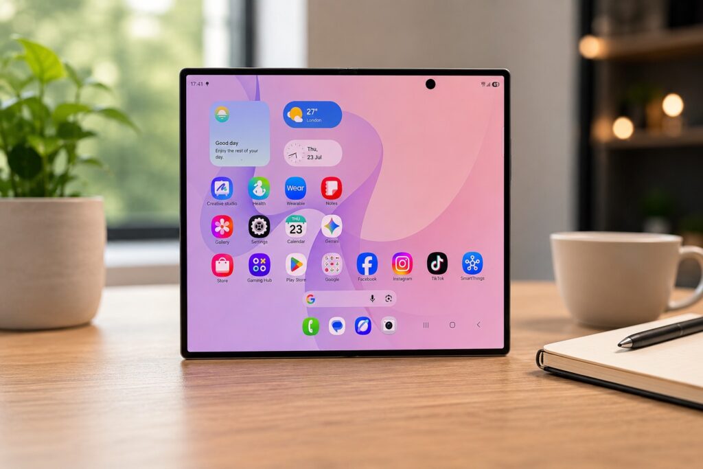amsung Galaxy Z Fold 8 unfolded on a wooden desk with its main display turned on, showcasing the large foldable screen in our comprehensive review.
