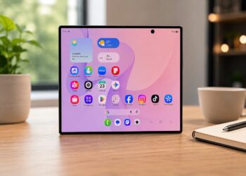 amsung Galaxy Z Fold 8 unfolded on a wooden desk with its main display turned on, showcasing the large foldable screen in our comprehensive review.