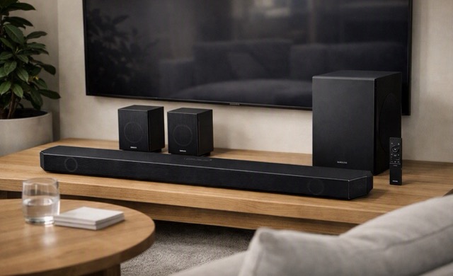Samsung HW-Q990C soundbar system with wireless rear speakers, subwoofer, and remote placed on a light wooden table beneath a wall-mounted television in a modern living room with soft natural lighting