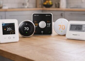 Smart thermostats displayed on a light wooden kitchen countertop, showing different designs and screens, representing modern home heating technology.