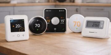 Smart thermostats displayed on a light wooden kitchen countertop, showing different designs and screens, representing modern home heating technology.