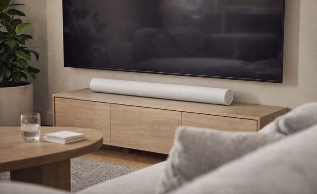 White Sonos Arc soundbar placed under a wall-mounted TV in a modern living room with light wood furniture and soft natural lightin