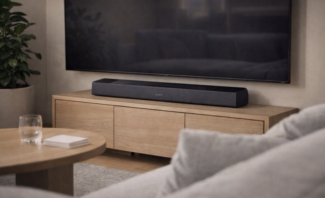 Sony soundbar positioned under a wall-mounted television in a modern living room with light wood furniture and soft natural lighting