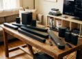 A collection of soundbars, subwoofers, and remotes arranged on a wooden table in a living room setup for hands-on audio testing, with a TV displaying audio test software in the background.