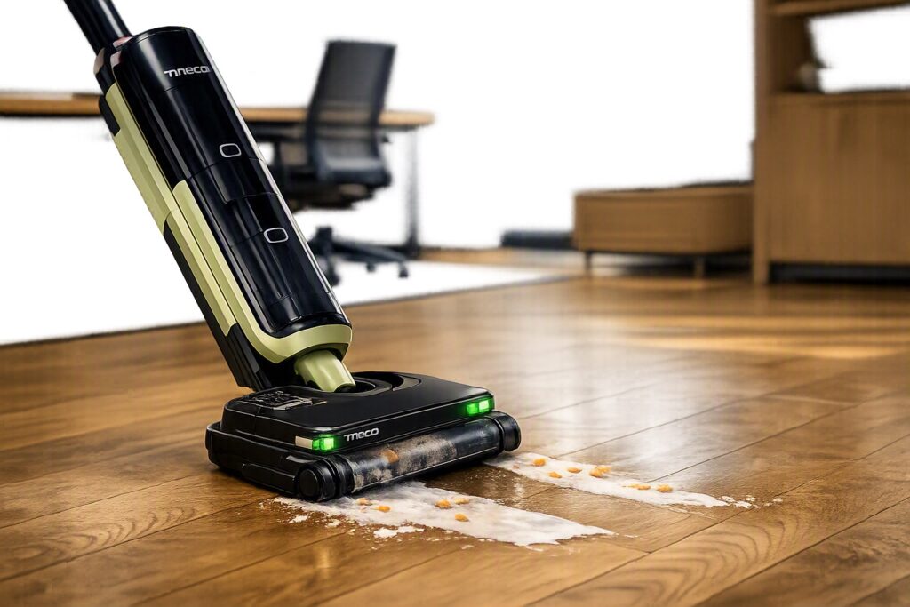 Tineco FLOOR ONE S7 Master wet and dry vacuum cleaner cleaning a spill on hard flooring in a modern office environment