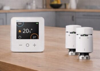 Smart heating devices from the Drayton Wiser system arranged on a kitchen table, including the main thermostat and two radiator valves, shown without any app interface.