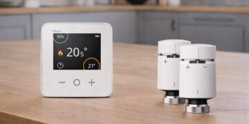 Smart heating devices from the Drayton Wiser system arranged on a kitchen table, including the main thermostat and two radiator valves, shown without any app interface.