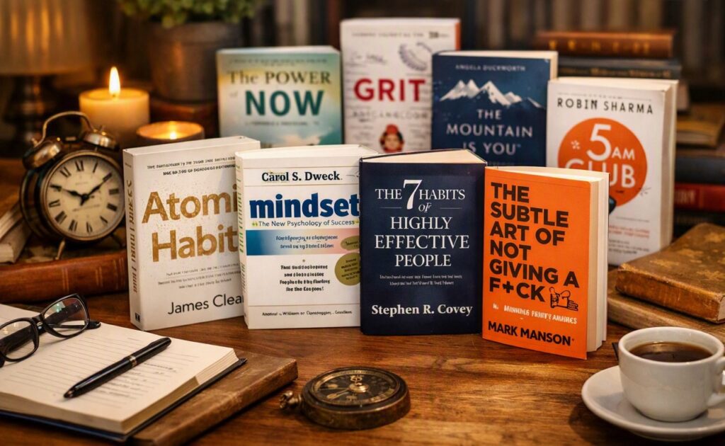 A collection of popular self-development books arranged neatly on a wooden table with warm lighting.