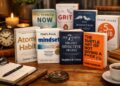 A collection of popular self-development books arranged neatly on a wooden table with warm lighting.