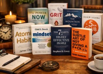 A collection of popular self-development books arranged neatly on a wooden table with warm lighting.