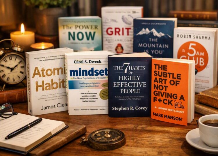 A collection of popular self-development books arranged neatly on a wooden table with warm lighting.