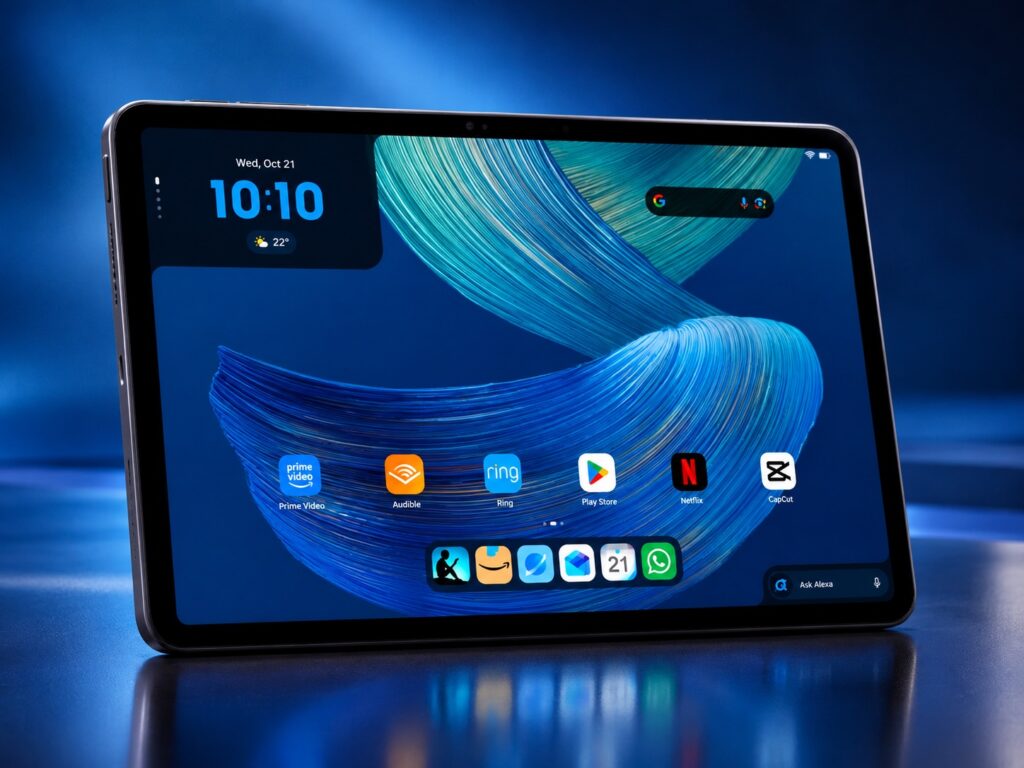 Alexa Tablet 12 Pro displayed on a premium blue background with its vivid tablet screen visible