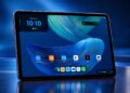 Alexa Tablet 12 Pro displayed on a premium blue background with its vivid tablet screen visible