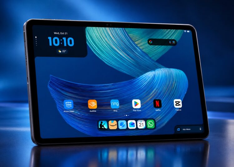 Alexa Tablet 12 Pro displayed on a premium blue background with its vivid tablet screen visible