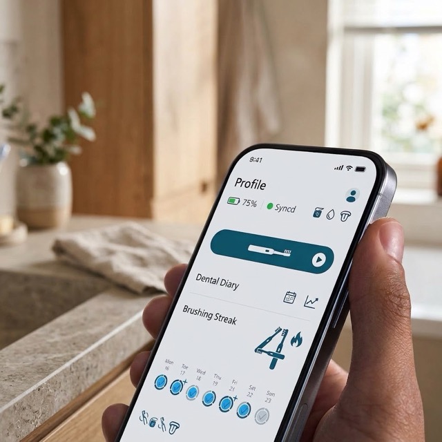 A hand holding a smartphone displaying the Sonicare app with dental diary progress and brushing streak tracking in a lifestyle bathroom setting.