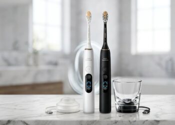 White and black Philips Sonicare DiamondClean 9000 electric toothbrushes standing on a marble bathroom countertop next to a white charging puck base and a glass charging base with USB cables