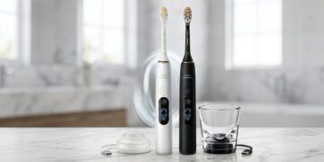 White and black Philips Sonicare DiamondClean 9000 electric toothbrushes standing on a marble bathroom countertop next to a white charging puck base and a glass charging base with USB cables