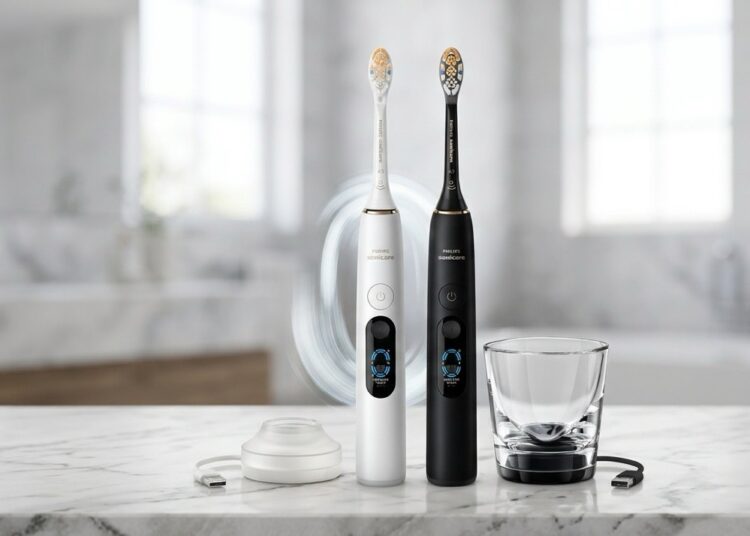 White and black Philips Sonicare DiamondClean 9000 electric toothbrushes standing on a marble bathroom countertop next to a white charging puck base and a glass charging base with USB cables