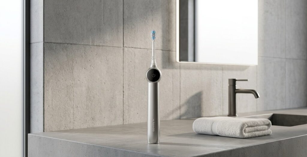 RANVOO AirJet X5 electric toothbrush standing on a modern concrete bathroom vanity countertop with a rolled towel and backlit mirror